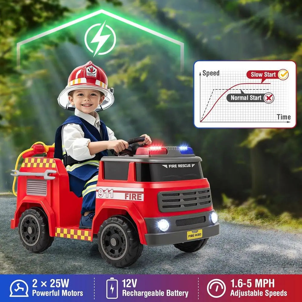 Kids Ride on Fire Truck, 12V Battery Powered Fire Car Toy w/Water Gun & Tank, Remote Control, Interphone, Shovel, 1 Seater