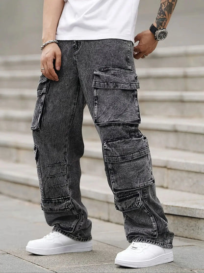 Fashionable men's denim trousers, washed workwear trousers, multi-pocket function for outdoor wear.