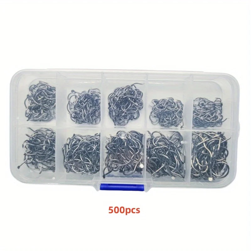 Carbon Steel Fishing Hook Set – 300pcs, Sizes 3-12, Barbed Sharp Hooks