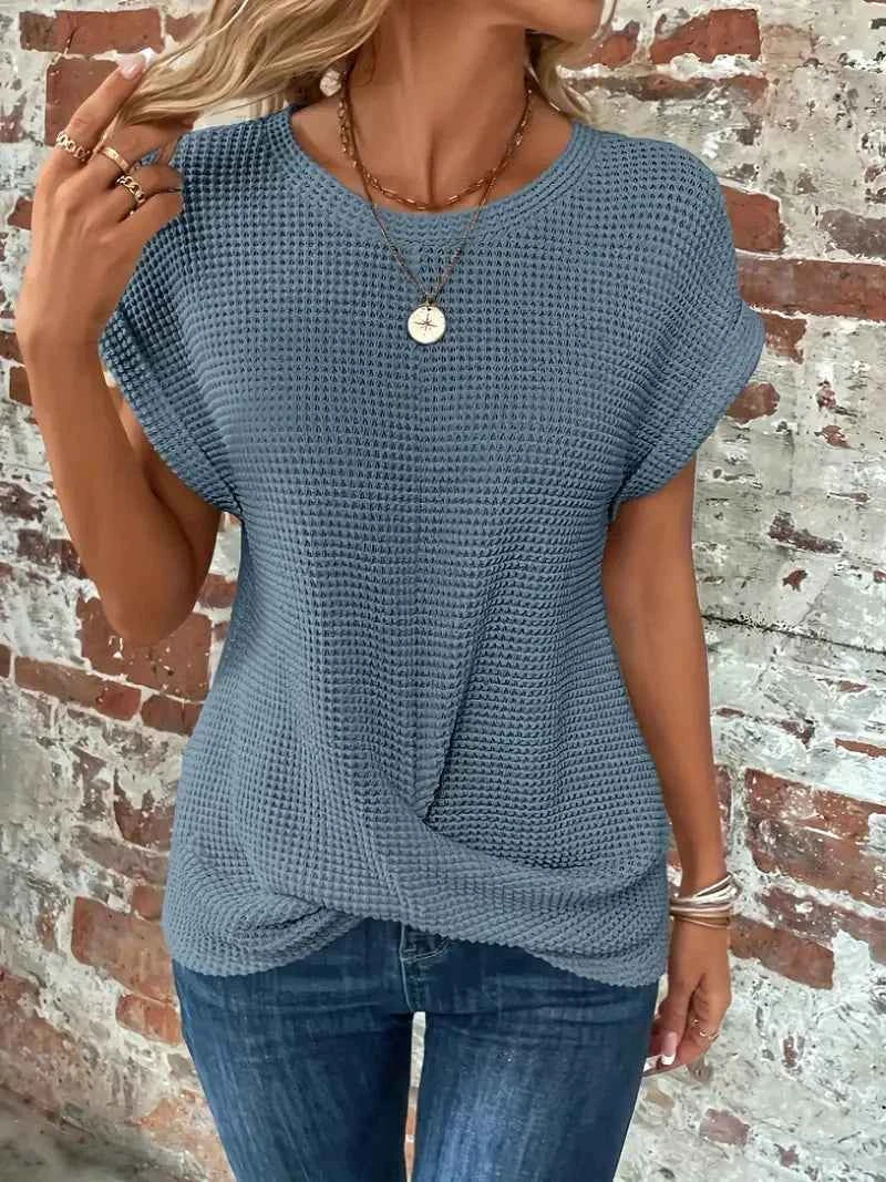 2024 New cross-border solid color round-collar T-shirt elegant short-sleeved twisted top spring and summer women's wear