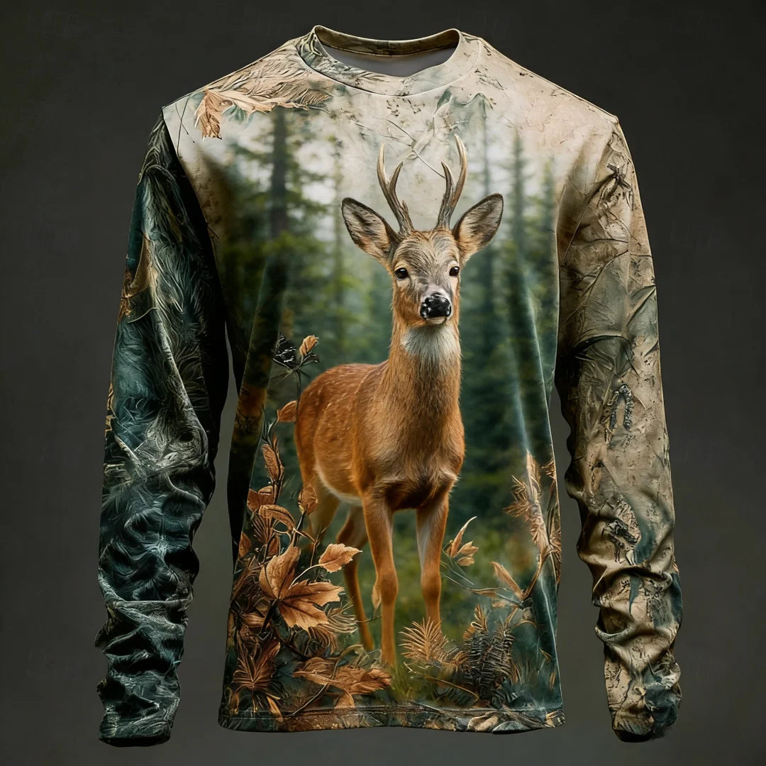 Men's Camo Deer Print Long Sleeve Shirt – Hunting & Outdoor Graphic Tee