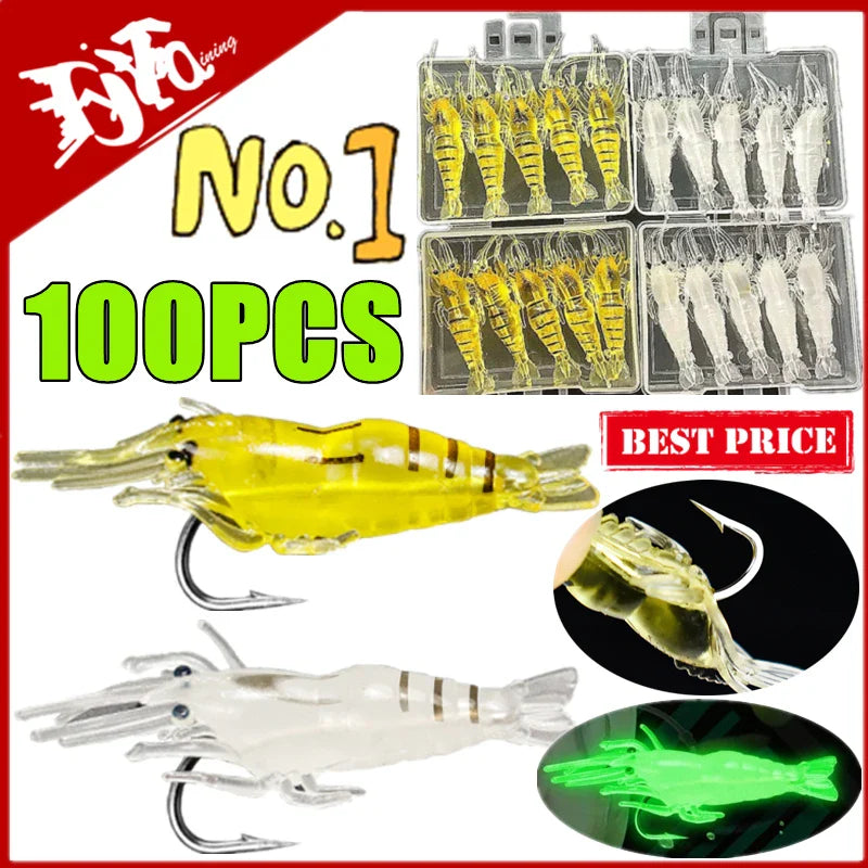 Soft Silicone Shrimp Fishing Lures with Hook – Luminous, Lifelike Action, 10 to 100 Pieces