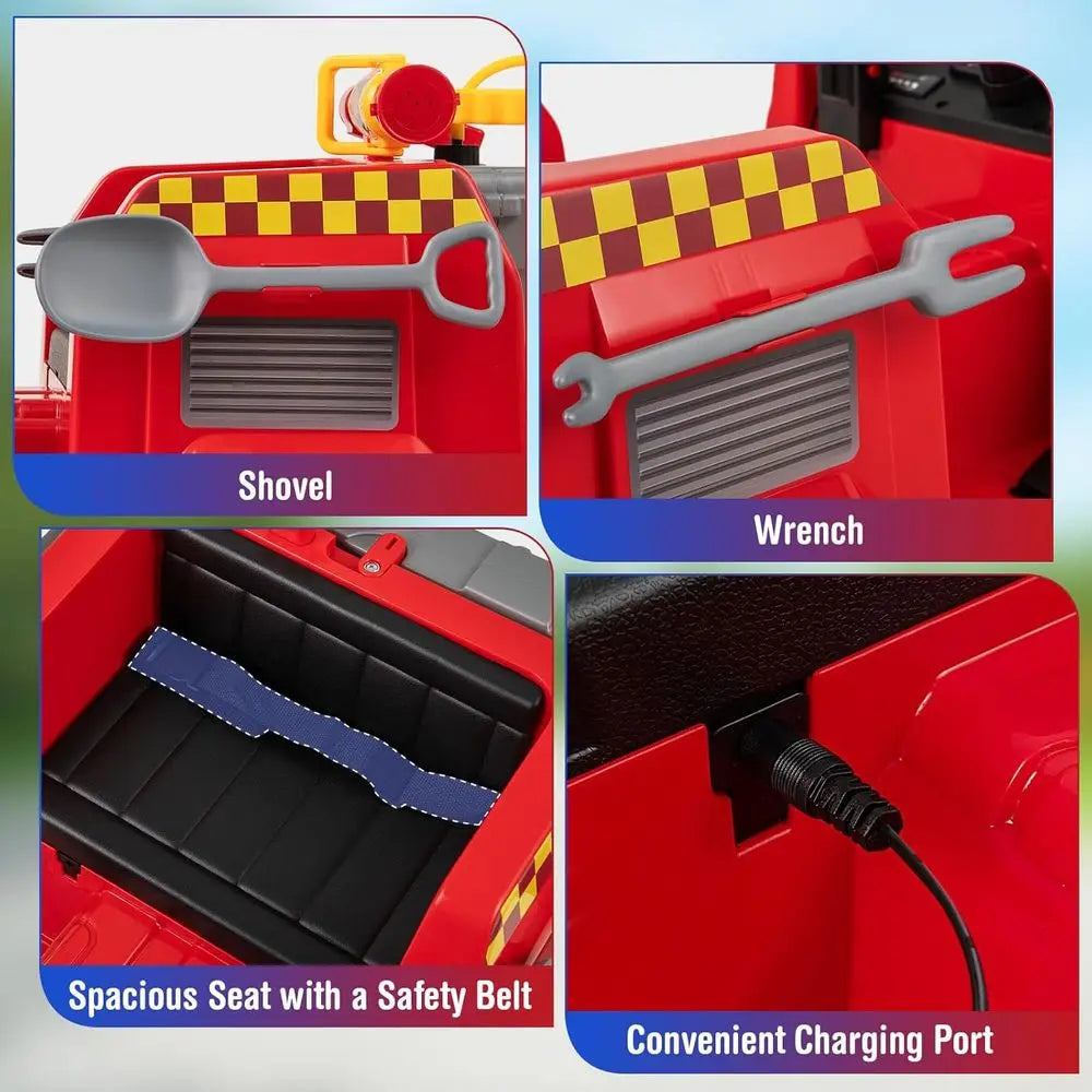 Kids Ride on Fire Truck, 12V Battery Powered Fire Car Toy w/Water Gun & Tank, Remote Control, Interphone, Shovel, 1 Seater