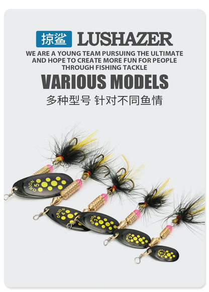 Metal Rotating Spinner Fishing Lure – Spoon Sequins Wobbler with Feather Hooks 3.5g/4.5g/7g/9g/12g
