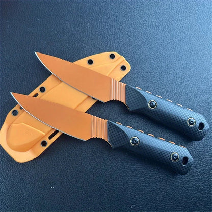 D2 Steel Fixed Blade Knife with Sheath – Titanium-Coated Stonewashed Camping Knife