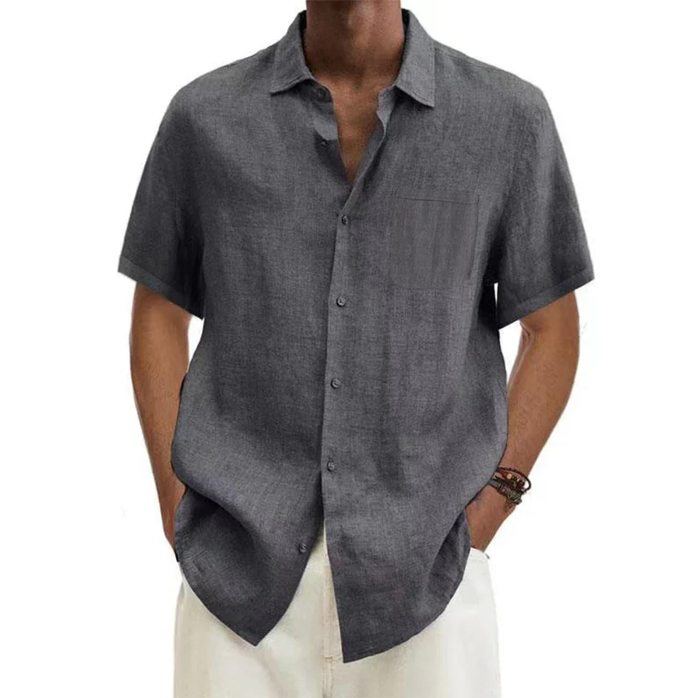 Cotton Linen Hot Sale Men's Short-Sleeved Shirts Summer Solid Color Turn-down collar Casual Beach Style Plus Size tops