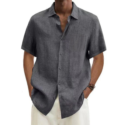 Cotton Linen Hot Sale Men's Short-Sleeved Shirts Summer Solid Color Turn-down collar Casual Beach Style Plus Size tops
