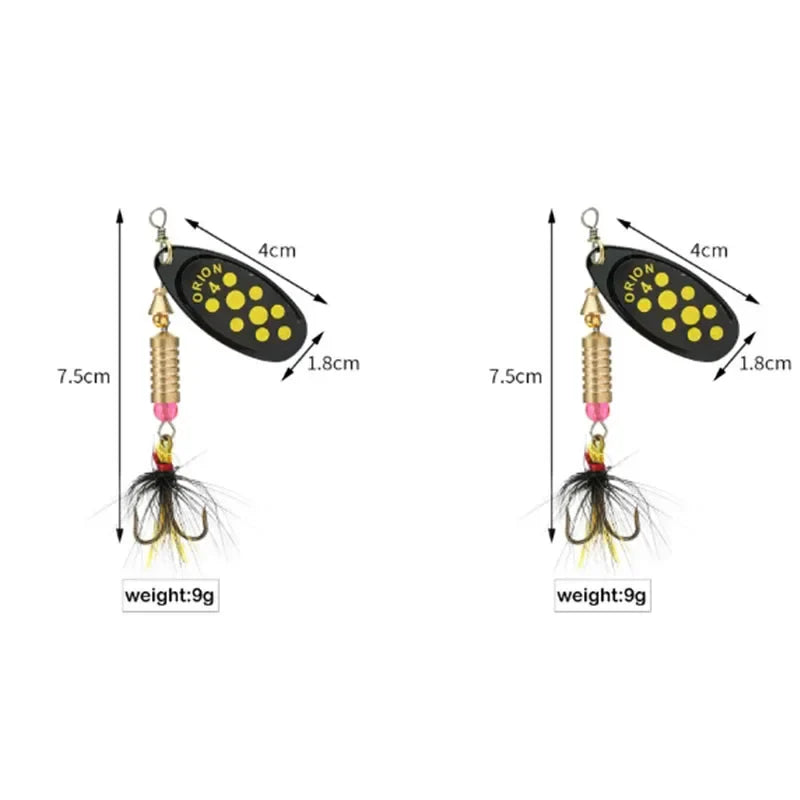 Metal Rotating Spinner Fishing Lure – Spoon Sequins Wobbler with Feather Hooks 3.5g/4.5g/7g/9g/12g