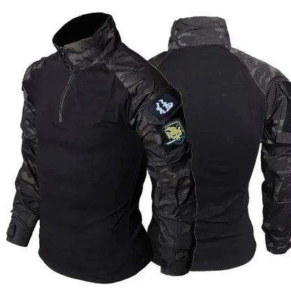 Black Camo Training Set Mens Half Zip Combat Tops Waterproof Tactical Suit Elastic Multiple Pockets Quick Drying 3-pcs