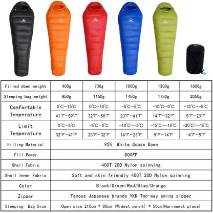 White Goose Down Mummy Sleeping Bag – 800 Fill Power, 4 Warmth Levels, Camping & Travel