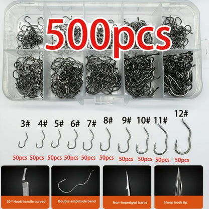 Carbon Steel Fishing Hook Set – 300pcs, Sizes 3-12, Barbed Sharp Hooks