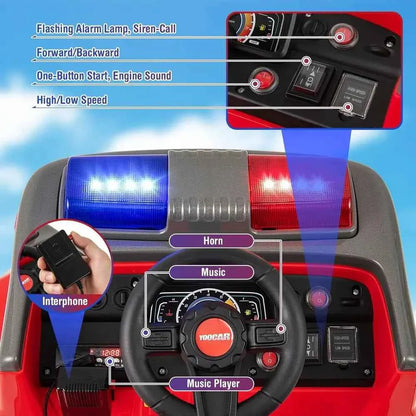 Kids Ride on Fire Truck, 12V Battery Powered Fire Car Toy w/Water Gun & Tank, Remote Control, Interphone, Shovel, 1 Seater