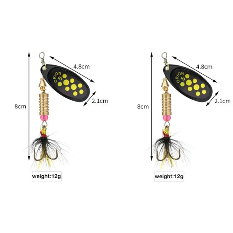 Metal Rotating Spinner Fishing Lure – Spoon Sequins Wobbler with Feather Hooks 3.5g/4.5g/7g/9g/12g