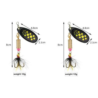 Metal Rotating Spinner Fishing Lure – Spoon Sequins Wobbler with Feather Hooks 3.5g/4.5g/7g/9g/12g