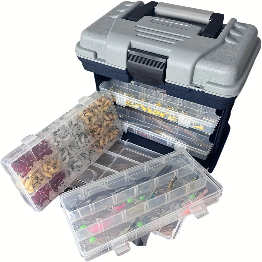 Four-Layer Fishing Tackle Box – Grey Plastic Bait & Accessory Storage