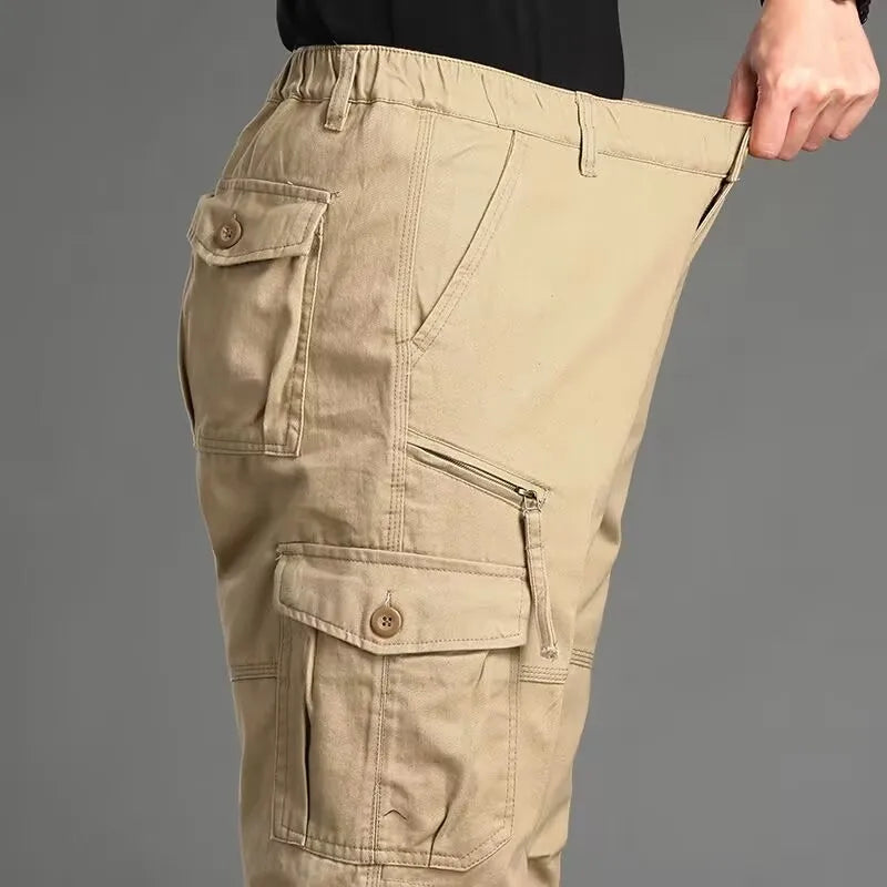 Men's Casual Workwear Trousers High Waist Large Size Leisure Pants Cuffed Tactical Multi-Pocket Labor Protection Wear-Resistance