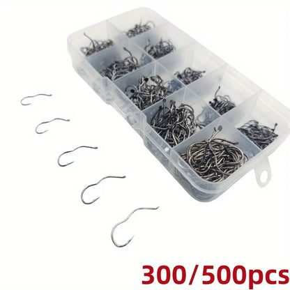 Carbon Steel Fishing Hook Set – 300pcs, Sizes 3-12, Barbed Sharp Hooks