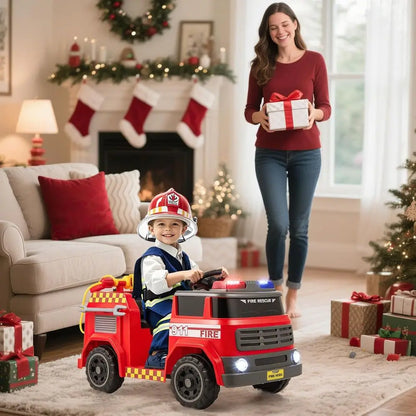 Kids Ride on Fire Truck, 12V Battery Powered Fire Car Toy w/Water Gun & Tank, Remote Control, Interphone, Shovel, 1 Seater