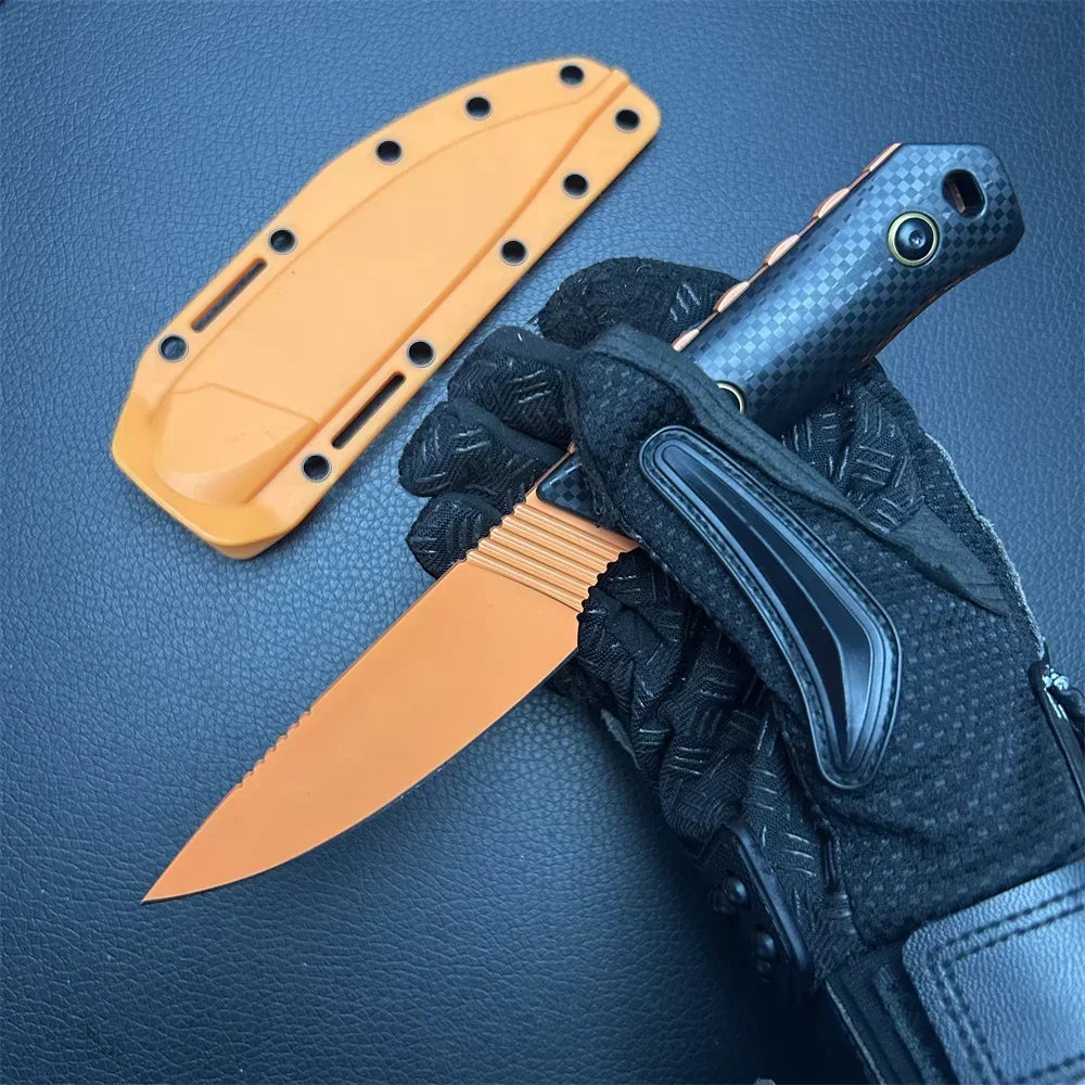 D2 Steel Fixed Blade Knife with Sheath – Titanium-Coated Stonewashed Camping Knife