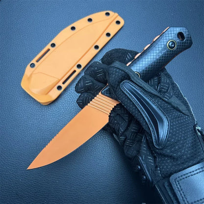D2 Steel Fixed Blade Knife with Sheath – Titanium-Coated Stonewashed Camping Knife