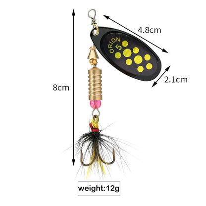 Metal Rotating Spinner Fishing Lure – Spoon Sequins Wobbler with Feather Hooks 3.5g/4.5g/7g/9g/12g