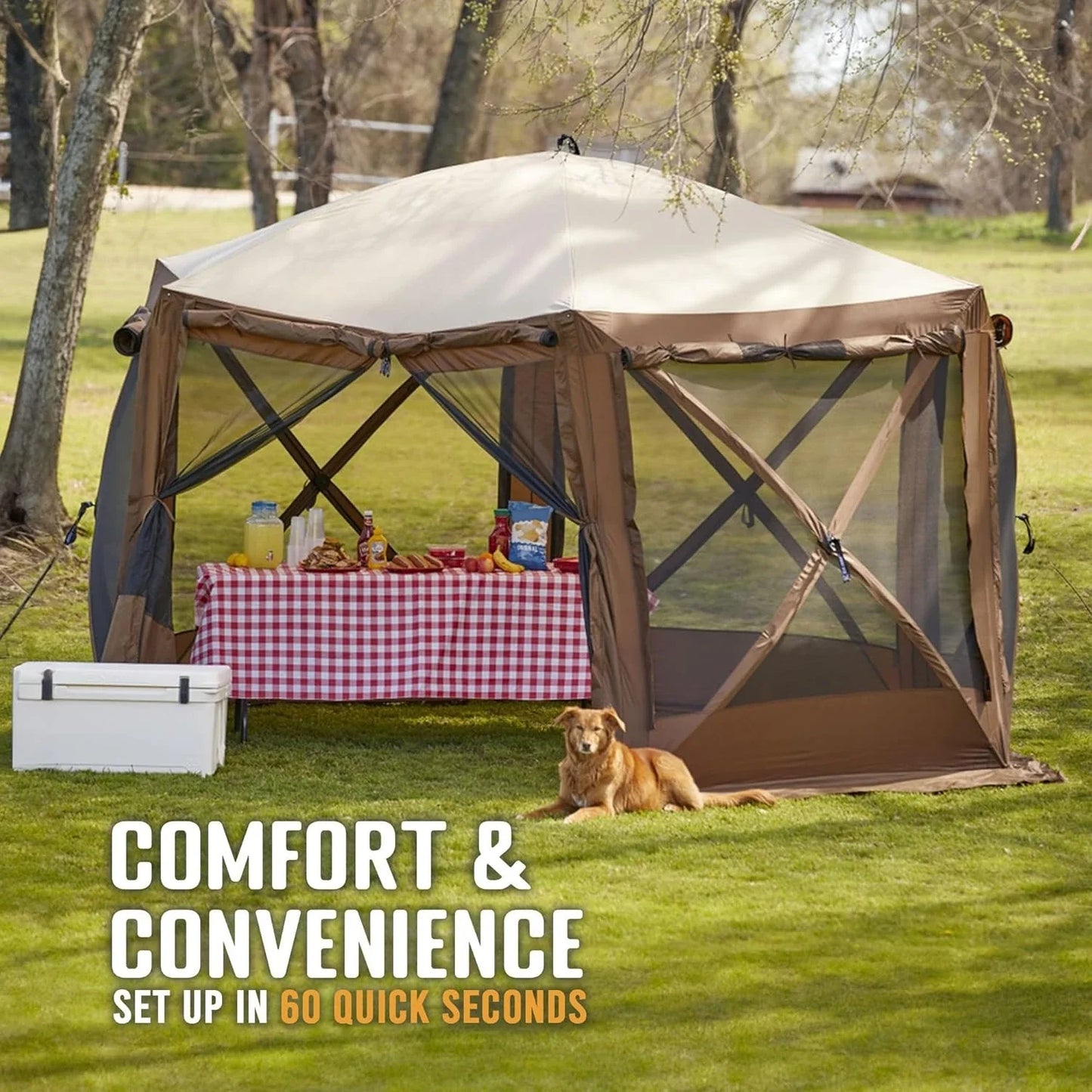 Pop Up Screen Tent, Large Outdoor Camping Gazebo Canopy, Pavilion, 12.5', Brown - Foldable and Portable Screened, Customized