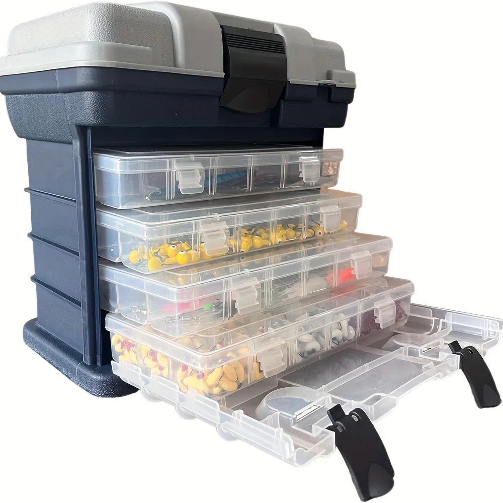 Four-Layer Fishing Tackle Box – Grey Plastic Bait & Accessory Storage