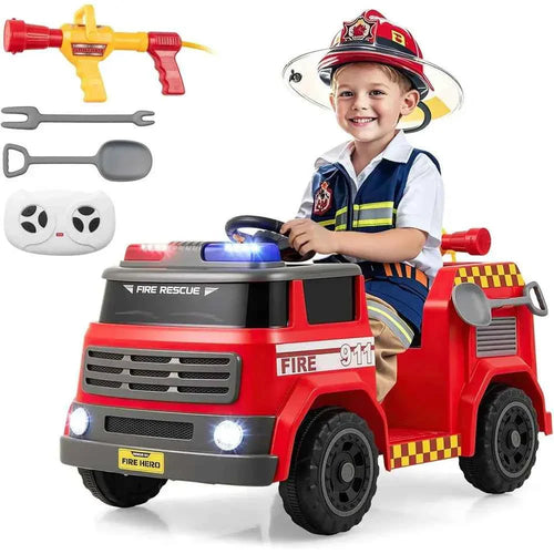 Kids Ride on Fire Truck, 12V Battery Powered Fire Car Toy w/Water Gun & Tank, Remote Control, Interphone, Shovel, 1 Seater