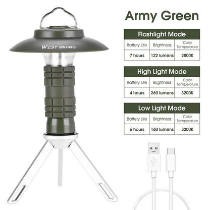 Portable Camping Flashlight – Type-C Rechargeable, Tripod & Lampshade Kit, 3 Colors
