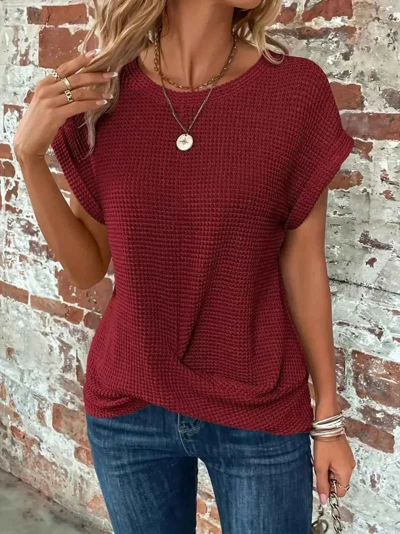 2024 New cross-border solid color round-collar T-shirt elegant short-sleeved twisted top spring and summer women's wear