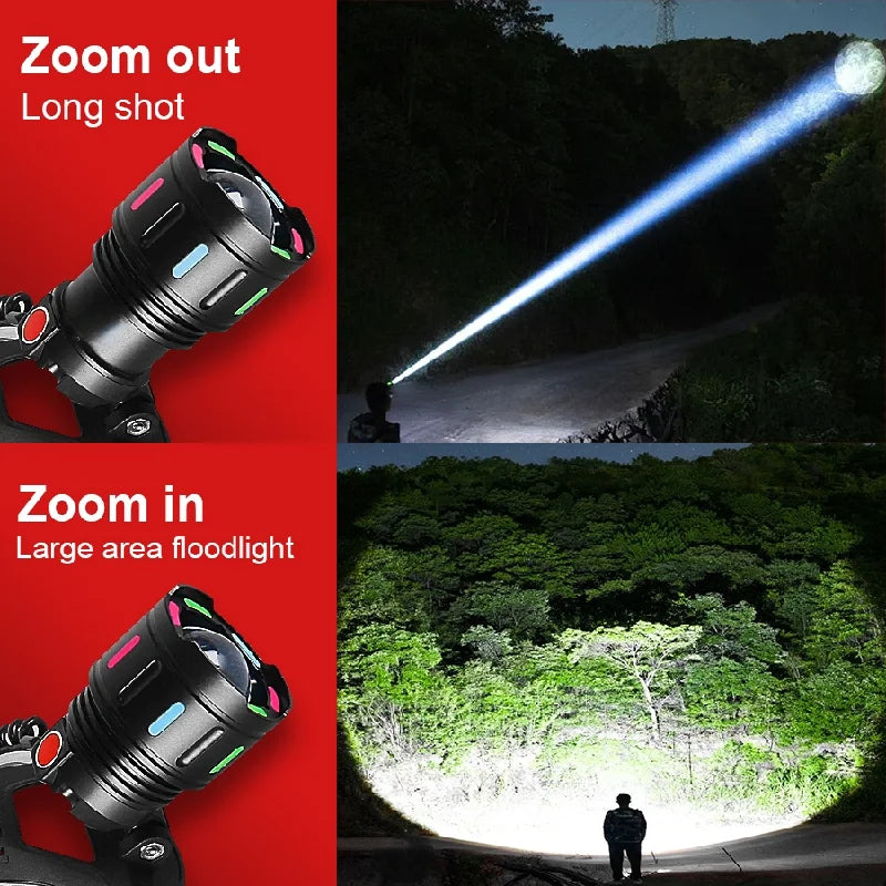 High-Power LED Headlamp with IR Sensor – Rechargeable, 5000m Beam for Fishing & Camping