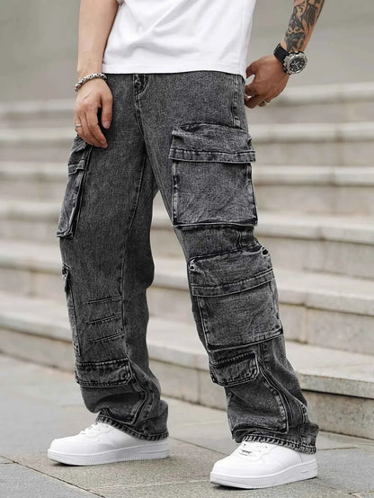 Fashionable men's denim trousers, washed workwear trousers, multi-pocket function for outdoor wear.