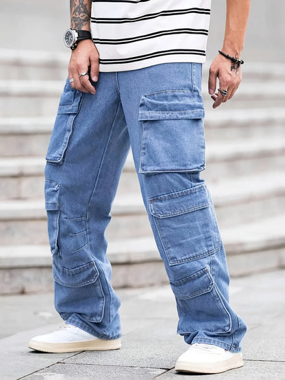 Fashionable men's denim trousers, washed workwear trousers, multi-pocket function for outdoor wear.