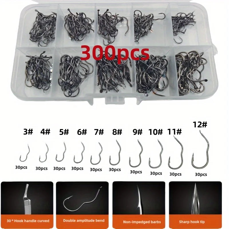 Carbon Steel Fishing Hook Set – 300pcs, Sizes 3-12, Barbed Sharp Hooks