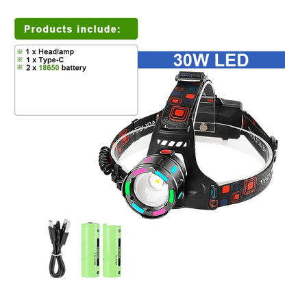 High-Power LED Headlamp with IR Sensor – Rechargeable, 5000m Beam for Fishing & Camping