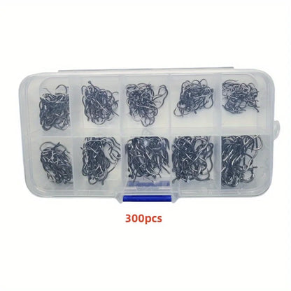 Carbon Steel Fishing Hook Set – 300pcs, Sizes 3-12, Barbed Sharp Hooks