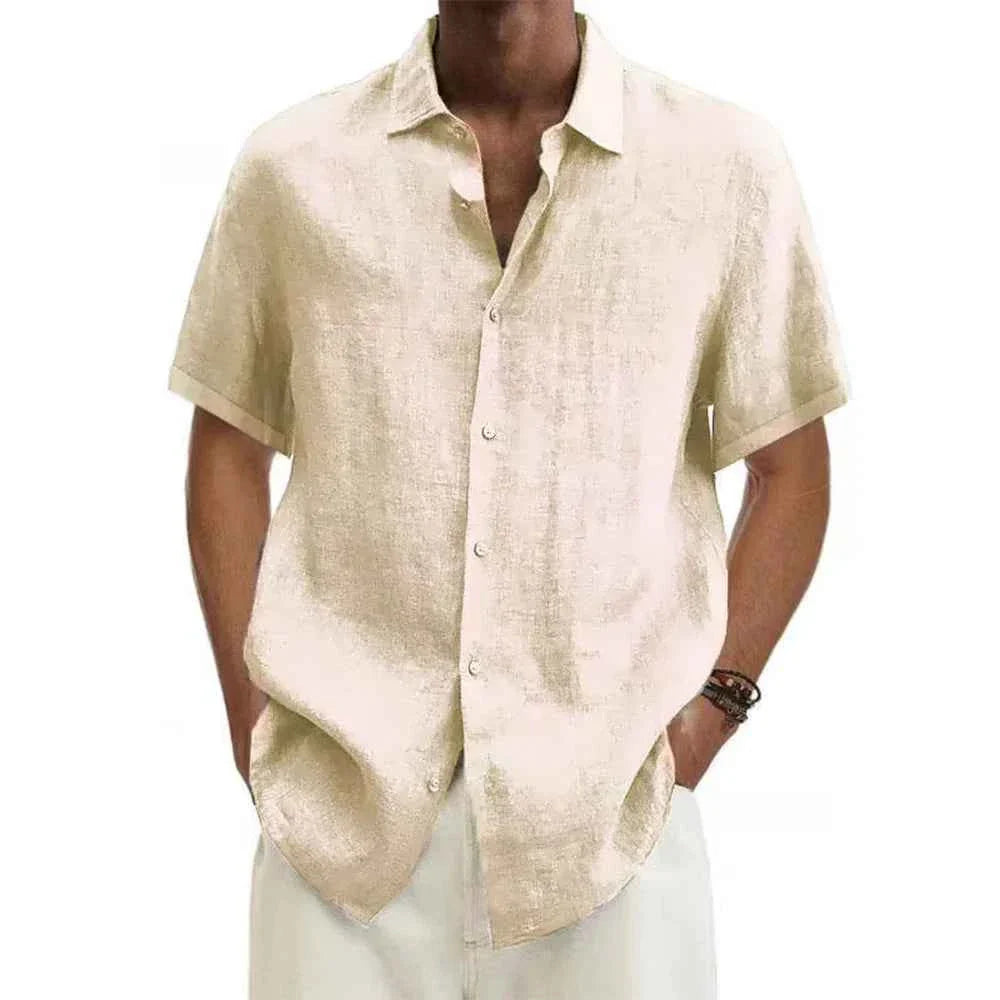 Cotton Linen Hot Sale Men's Short-Sleeved Shirts Summer Solid Color Turn-down collar Casual Beach Style Plus Size tops