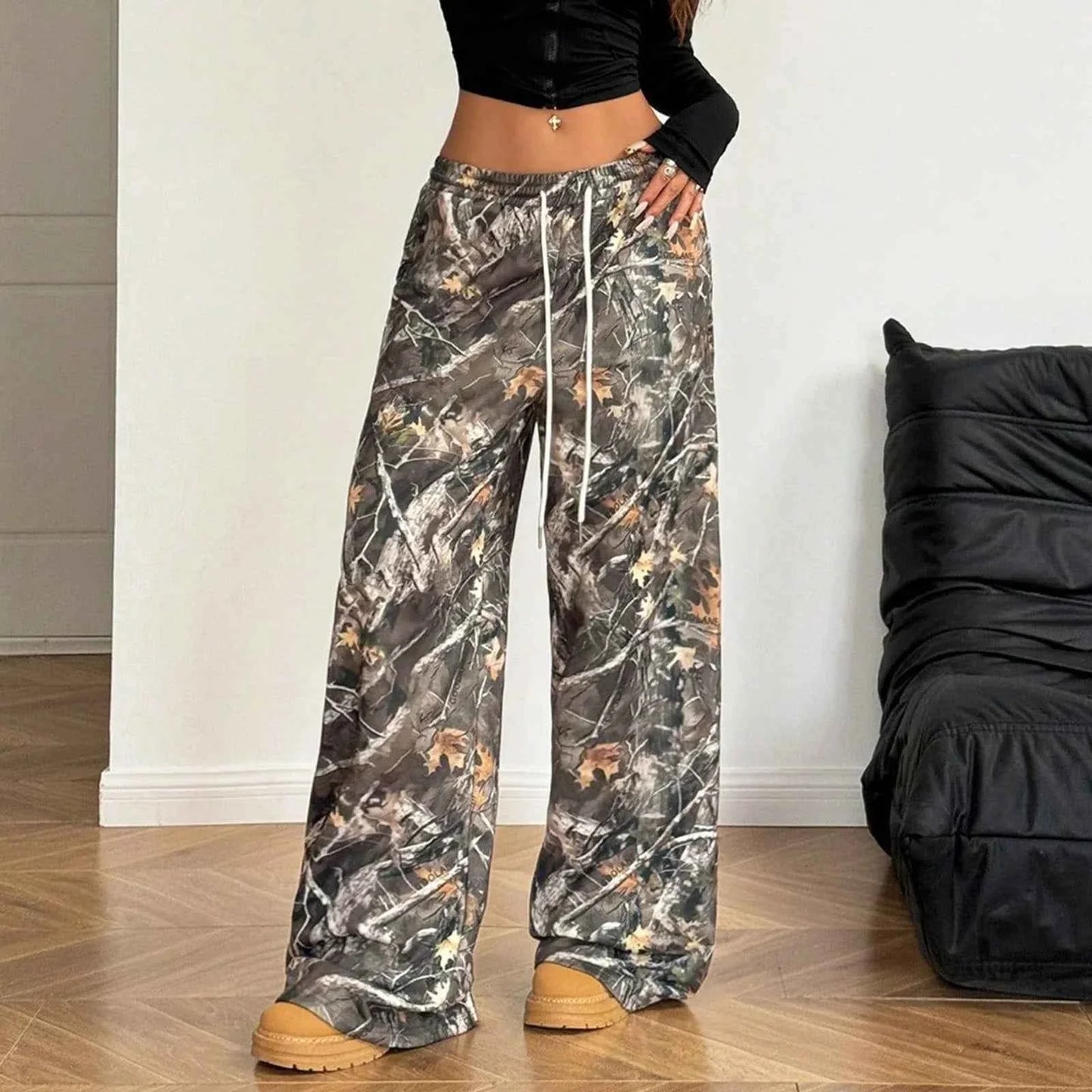 Y2K Oversized Hip Hop Baggy Pants Fashion Women Drawstring Pocket Branch Camouflage Wide Leg Pant Casual Sweatpants Cargo Trouser