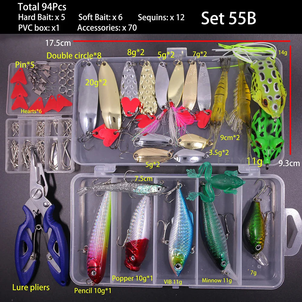 Mixed Fishing Lure Kit – Soft & Hard Baits, Minnow, VIB, Jig, Spoon, 13–182 Pieces