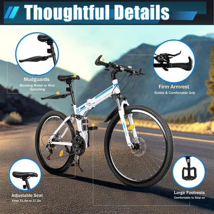 26" Folding Mountain Bike 21-Speed Dual Disc Brakes Men's MTB for Commuting Outdoor Sports