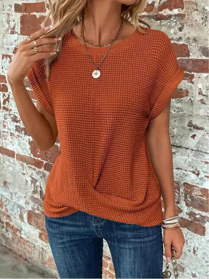 2024 New cross-border solid color round-collar T-shirt elegant short-sleeved twisted top spring and summer women's wear