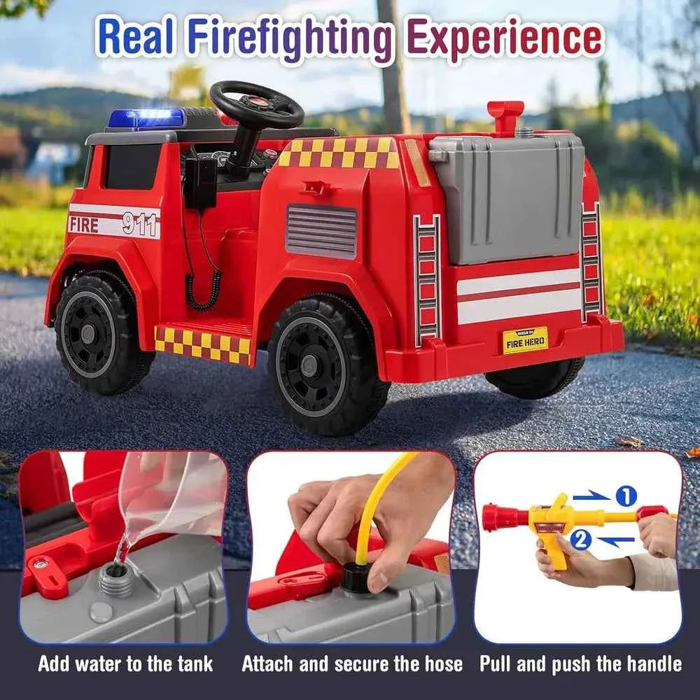 Kids Ride on Fire Truck, 12V Battery Powered Fire Car Toy w/Water Gun & Tank, Remote Control, Interphone, Shovel, 1 Seater