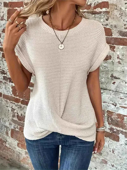 2024 New cross-border solid color round-collar T-shirt elegant short-sleeved twisted top spring and summer women's wear