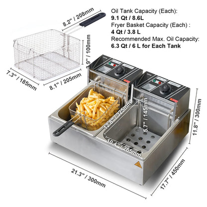 SucceBuy  12L Electric Deep Fryer w/Dual Removable Tanks Commercial Countertop  Fryer for Chicken French Fries Frying Chips