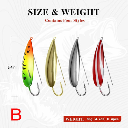 Weedless Spoon Lure Kit – 4pcs Spinner Metal Fishing Lures with Anti-Grass Hooks (8g/16g/19g)