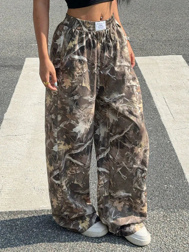 Y2K Oversized Hip Hop Baggy Pants Fashion Women Drawstring Pocket Branch Camouflage Wide Leg Pant Casual Sweatpants Cargo Trouser