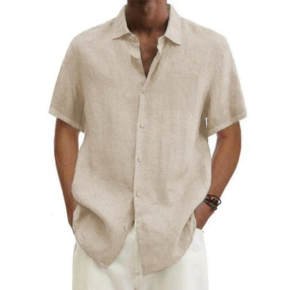 Cotton Linen Hot Sale Men's Short-Sleeved Shirts Summer Solid Color Turn-down collar Casual Beach Style Plus Size tops