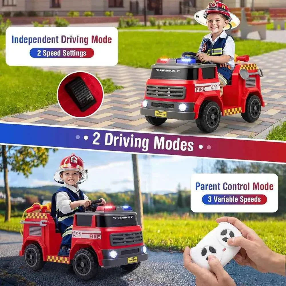 Kids Ride on Fire Truck, 12V Battery Powered Fire Car Toy w/Water Gun & Tank, Remote Control, Interphone, Shovel, 1 Seater