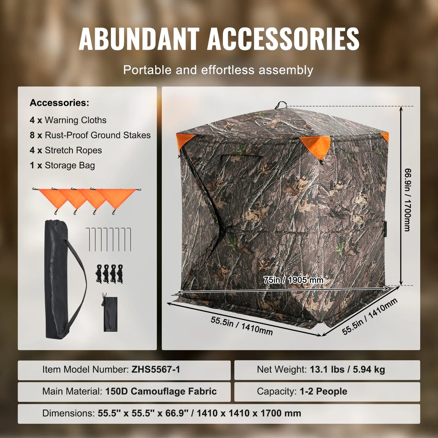 270° See-Through Ground Hunting Blind – 1-2 Person, Pop-Up, Waterproof, 55" or 58"