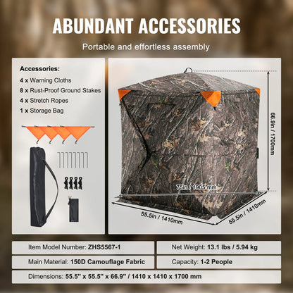 270° See-Through Ground Hunting Blind – 1-2 Person, Pop-Up, Waterproof, 55" or 58"